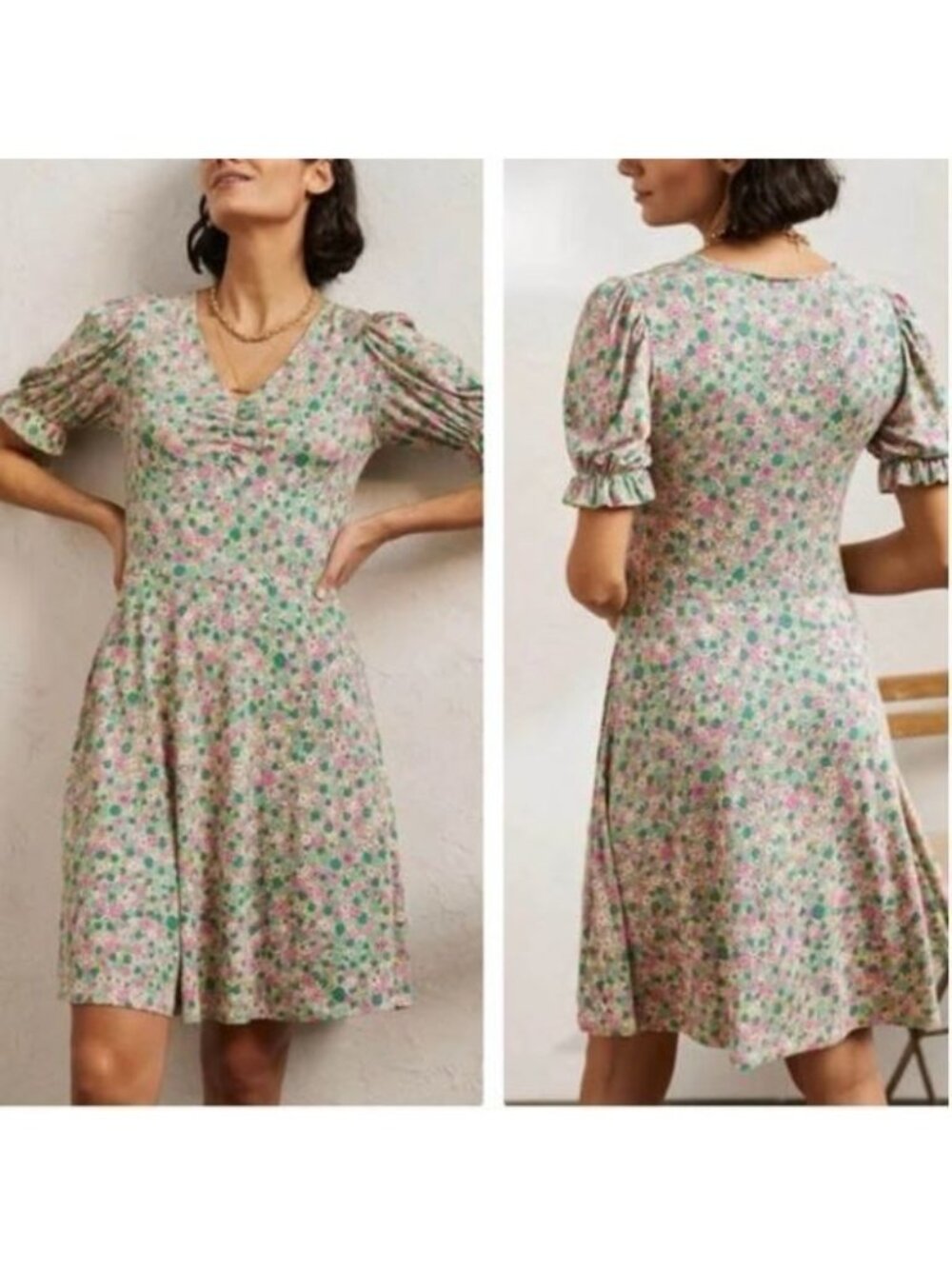 Boden Floral V‑Neck Puff Sleeve Dress in Pink and Green